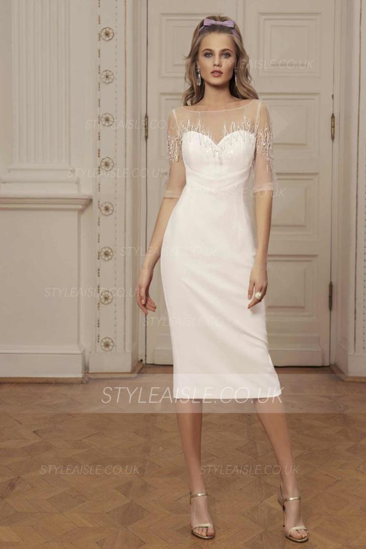  Sheath/Column Illusion Bateau Neck Half-Sleeves Beading Tea-length Short Prom Dress