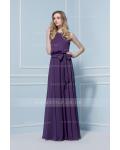 Halter Neck Purple Chiffon Sleeveless Bridesmaid Dress with Sash 