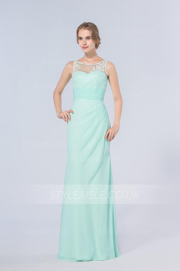 Illusion Scoop Neck Lace Appliqued Sheath Mint Green Chiffon Long Bridesmaid Dress 