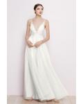  A-line Deep V-neck Sleeveless Empire Waist Lace Floor-length Long Tulle Prom Dresses with 2 Sashes