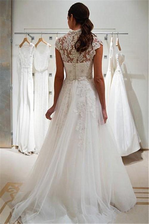Chic Elegant Cap Sleeve Lace Bodice A-line Tulle Full Back Wedding Dress 
