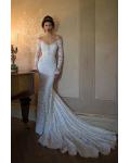 Off the Shoulder V Neck Crystal Detailling Lace Mermaid Wedding Dress with Long Sleeves 