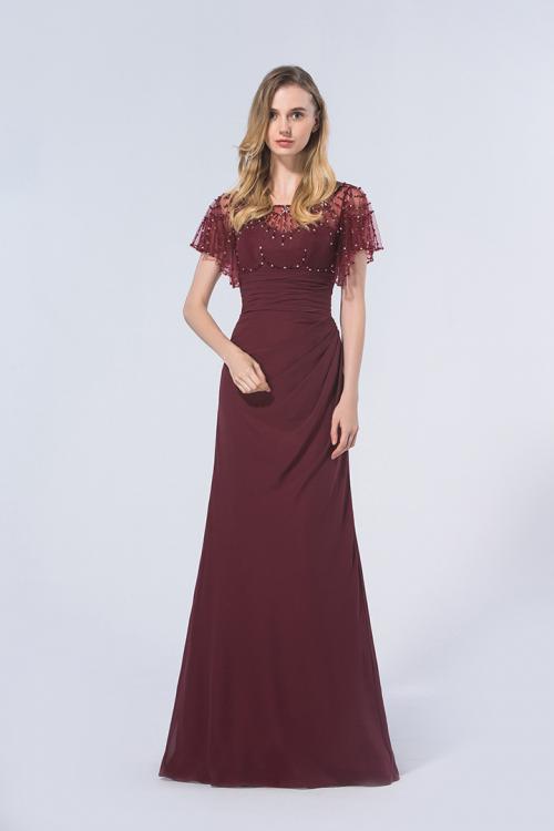 Seauin Beaded Scoop Neck Sheath Burgundy Chiffon Long Bridesmaid Dress 