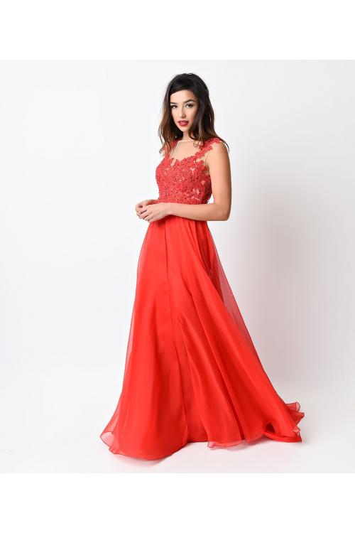 Chic Sleeveless Lace Bodice Long Coral Chiffon Prom Dress 