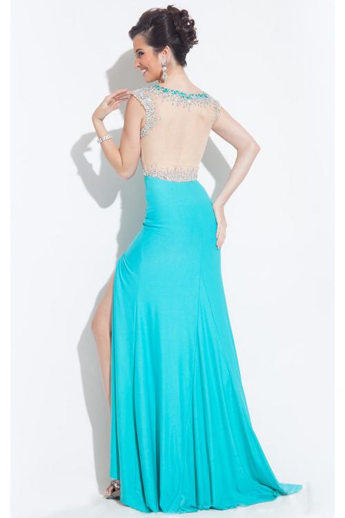 Illusion Bateau Neck Sheath High Split Long Jersey Prom Dress with Beading 