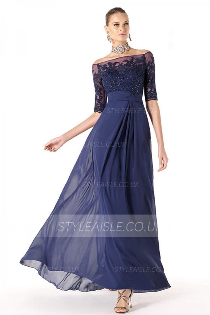 Charming A-line Off-the-shoulder Half Sleeve Beading Lace Ruching Floor-length Chiffon Mother of the Bride Dress 
