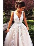 Vintage Long A-line Lace Appliques Tulle Prom Dress with Beading Belt 