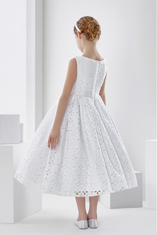  Ball Gown Short Sleeve Hand Made Flowers Tea-length Communion Dress