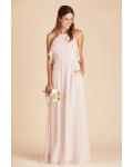  A-line Spaghetti Straps Sleeveless Ruffles Top Floor-length Long Chiffon Bridesmaid Dress with Pockets 