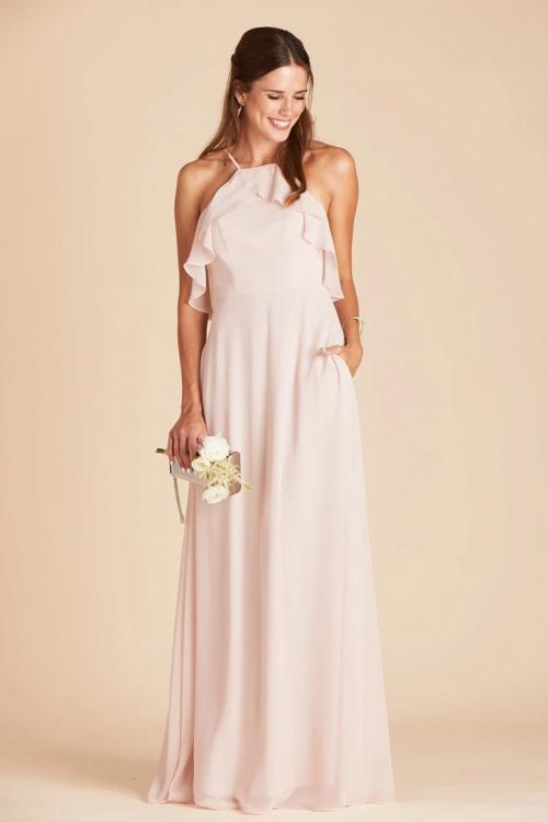  A-line Spaghetti Straps Sleeveless Ruffles Top Floor-length Long Chiffon Bridesmaid Dress with Pockets 