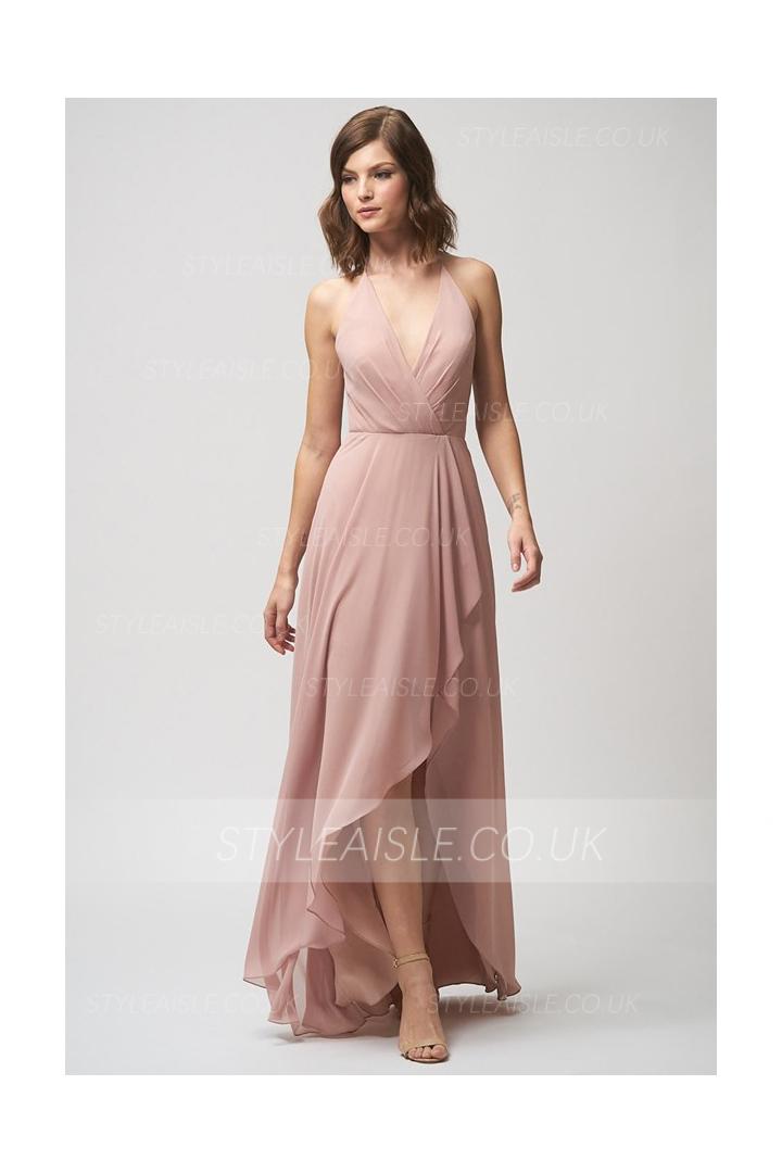 High Low Sleeveless V Neck A Line Dusty Bridesmaid Dress Beach Wedding