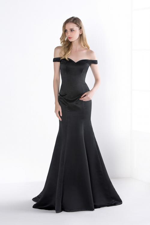 Simple Off Shoulder Black Mermaid Long Satin Prom Dress 