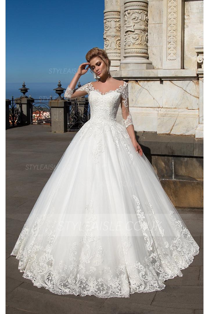 Illusion Neck Off Shoulder Long Lace Embroidery White Tulle Wedding Dress