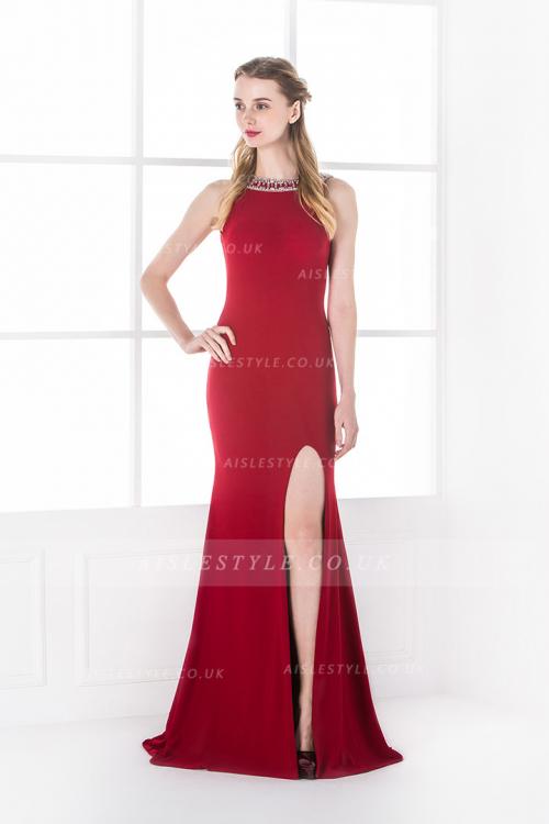  Tight/Bodyhuge Jewel Sleeveless Beading Pleated Long Prom Dress