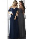 Navy Blue Off Shoulder A-line Lace Vintage Bridesmaid Dress