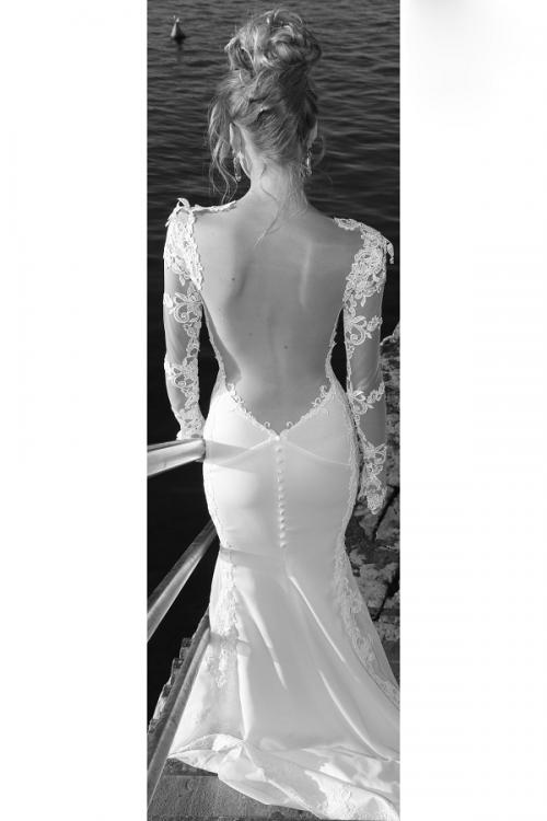 V Neck Lace Bodice Long Sleeve Chiffon Wedding Dress