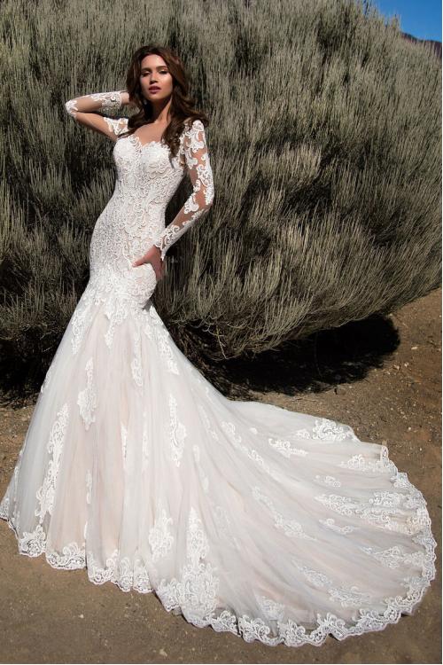 Illusion Neck Lace Embroidery Long Mermaid Wedding Dress Long Sleeves
