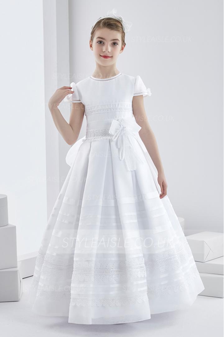 Short Sleeve Lace Ball GownLong White Organza Wedding Dress with Bow 
