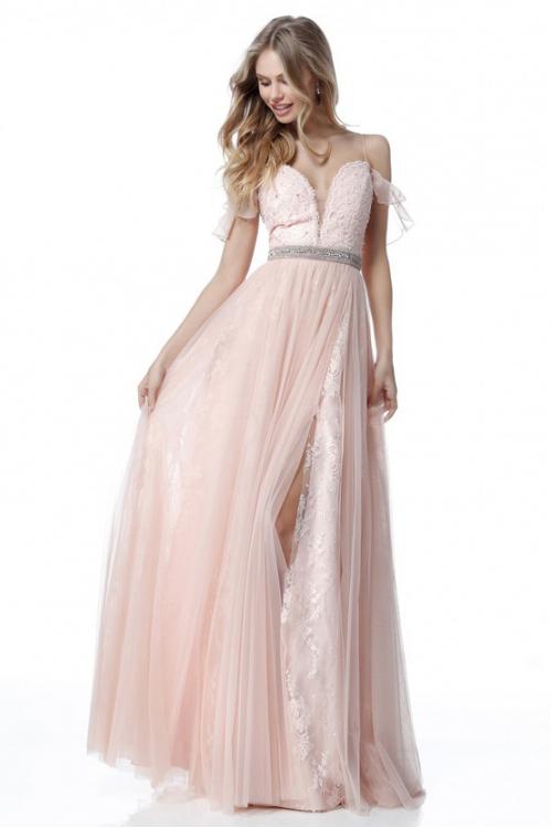 Modern Off Shoulder Long A-line Slit Prom Dress Beaded Waist