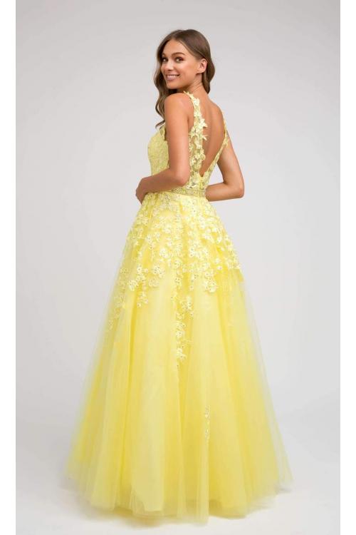  A-line V-neck Sleeveless Lace Appliques Beading Tulle Floor-length Tulle Prom Dress