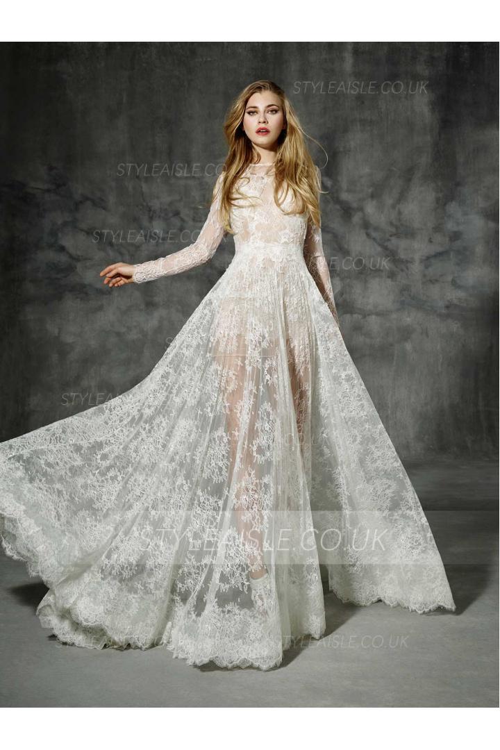Long Sleeved A-line Ivory Wedding Dress 