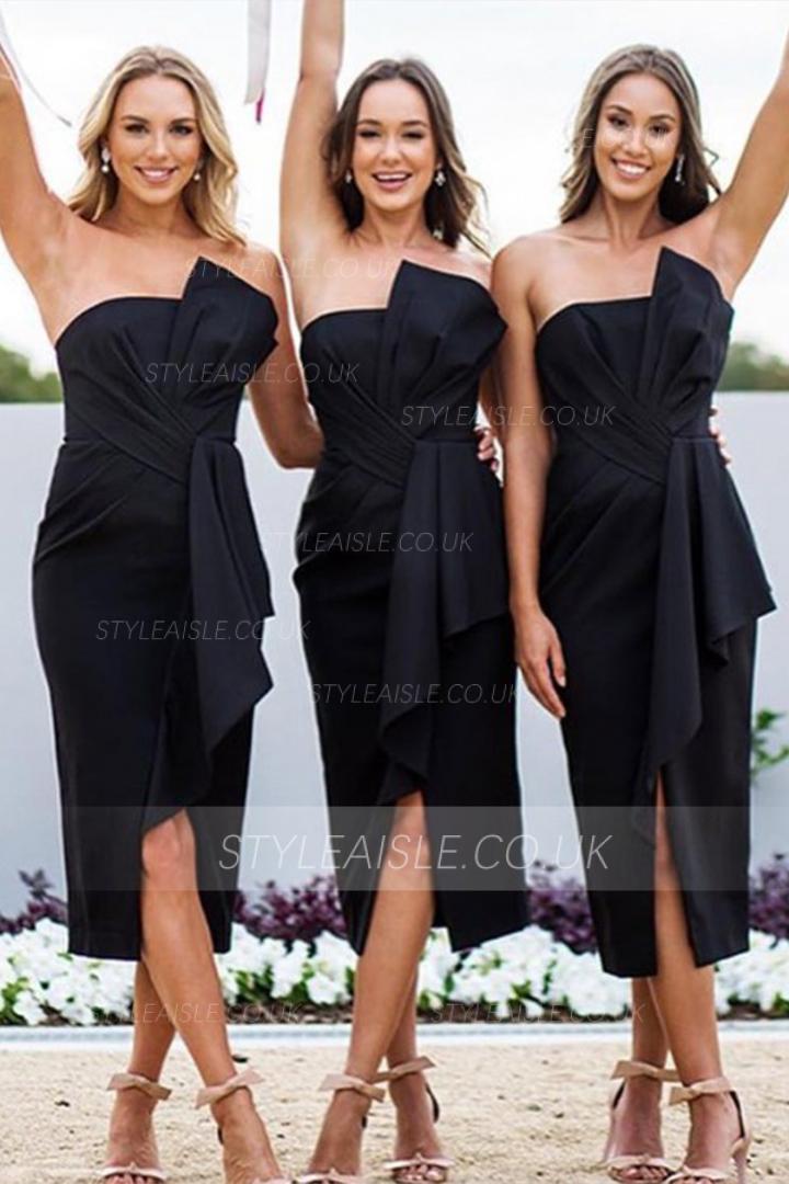  Sheath/Column Strapless Empire Waist Ruching Split Tea-length Short Bridesmaid Dresses
