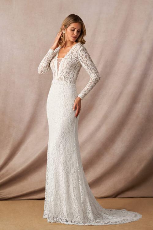  Elegant Mermaid Illusion Neck Long Sleeves Buttons Lace Sweep Train Long Wedding Dresses