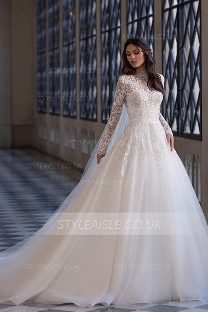  Elegant A-line Jewel Neck Long Sleeves Lace Appliques Court Train Long Tulle Wedding Dresses