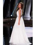 Sleeveless V Neck A-line Sequin White Organza Wedding Dress with Crystal Belt 