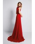 Sequins V Neck A-line Red Chiffon Prom Dress with Cap Sleeves