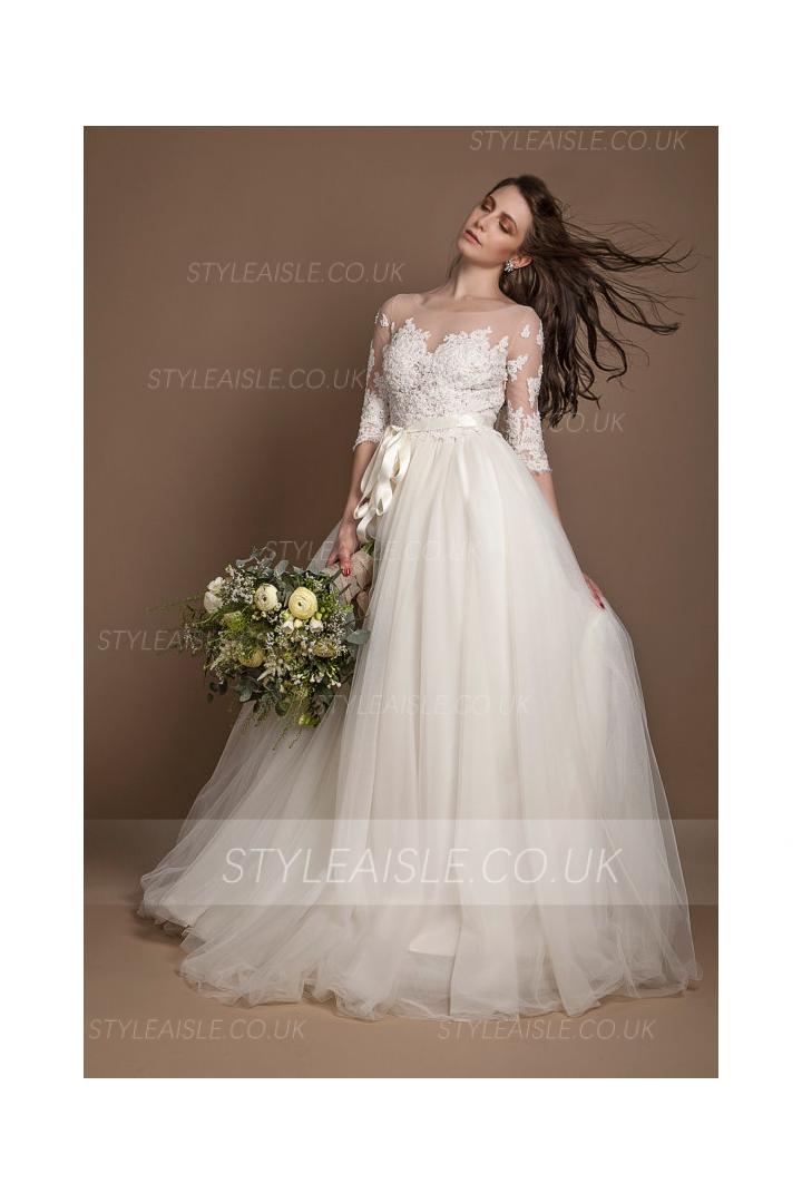 3/4 Lace Sleeves Ball Gown Tulle Wedding Dress with Ribbon 