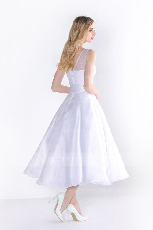 Sleeveless Illusion Neck A-line Tea Length White Organza Wedding Dress with Feather