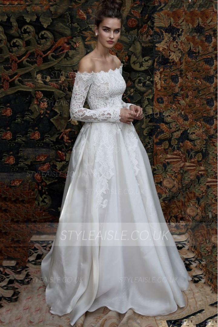 Boho Off Shoulder Lace Ball Gown Satin Wedding Dress 