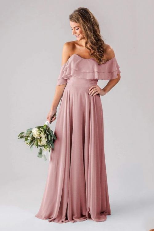  A-line Strapless Sleeveless Ruffles Floor-length Long Chiffon Bridesmaid Dresses