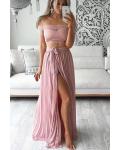 Off-the-shoulder Lace Pleated Skirt Floor-length Long Two-piece Chiffon Prom Dress with 2 Styles (Long Sleeves/Short Sleeves)