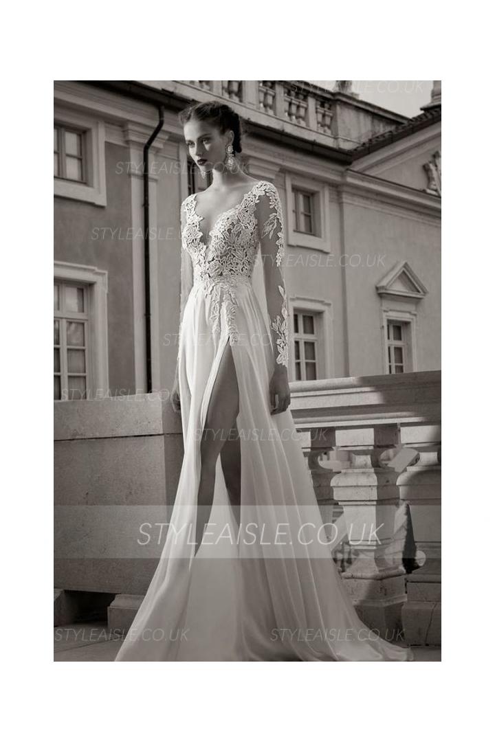 Beach Style Vintage Lace Appliques Split Chiffon Wedding Dress 