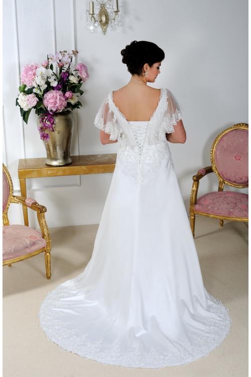 Plus Size V-neck Short-Sleeve Lace-up Beaded Satin Wedding Dress with Lace Appliques