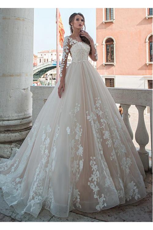 Beautiful Illusion Neck Ball Gown Long Sleeves Lace overlay Tulle Wedding Dress