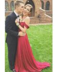 Popular off the Shoulder Pleated Long Ruvy Red Chiffon Prom Dress 
