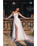  A-line Strapless Long Sleeves Lace Appliques Ruching Split Sweep/Brush Train Long Tulle Wedding Dresses