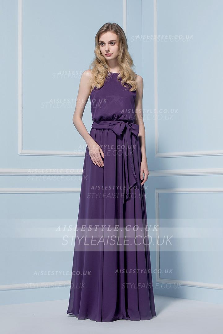 Halter Neck Purple Chiffon Sleeveless Bridesmaid Dress with Sash 