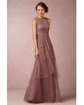 Sleeveless Illusion Bateau Neck A-line Tiered Tulle Bridesmaid Dress with Crystal Ribbon 
