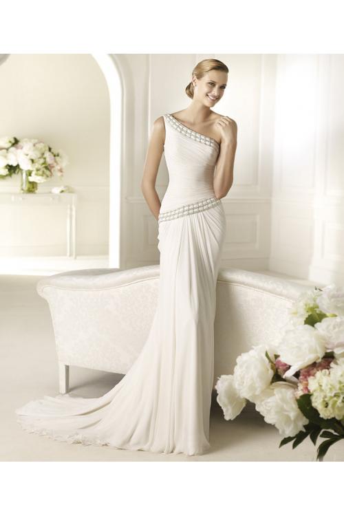 Elegant Sheath/Column One Shoulder Beading Sweep/Brush Train Chiffon Wedding Dresses