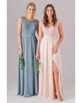  A-line V-neck Cap Sleeves Lace Top Split Floor-length Long Chiffon Bridesmaid Dresses with Pockets 