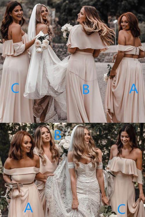 Off-the-shoulder & V-neck Split Floor-length Long Chiffon Bridesmaid Dresses with 3 Styles (A/B/C)