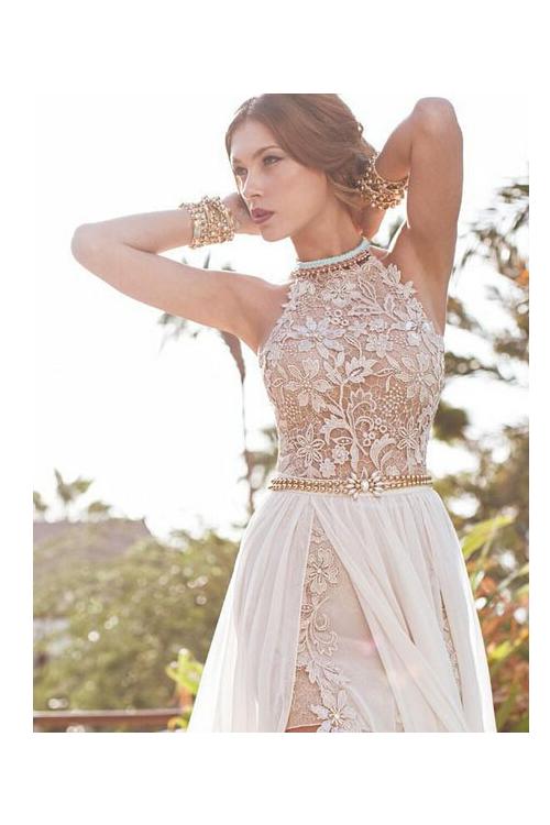 Beaded High Neck Lace Pattern Bodice Split Backless Chiffon Prom Dress