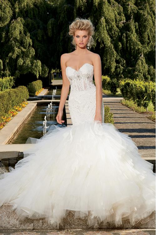 Modern Strapless Sweetheart Ruffled Wedding Dress with Beaded Detail On Top 