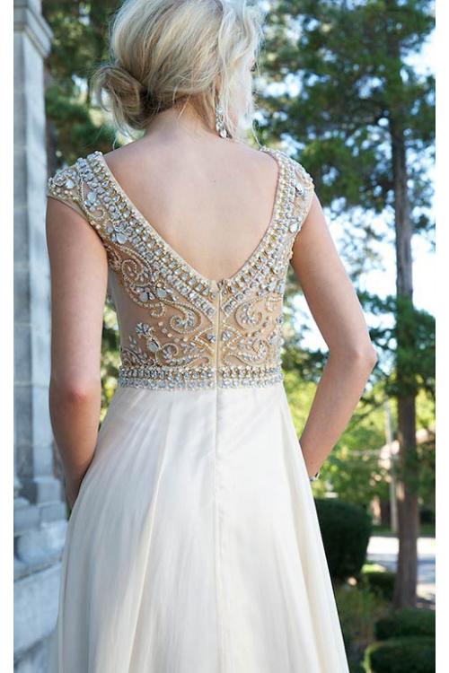 Scoop Neck Cap Sleeve Sparkle Beaded Long Chiffon A-line Prom Dress 