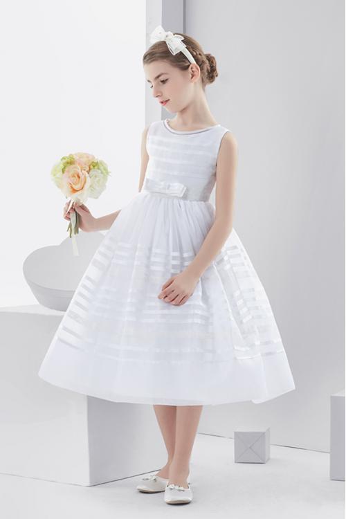 Sleeveless Ball Gown Organza Tea Length First Communion Dress with Bow 