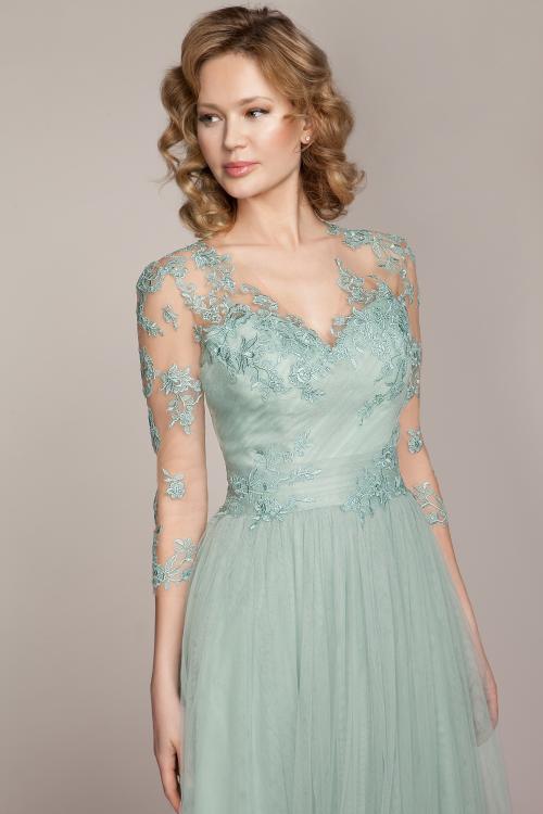 V Neck Illusion 3/4 Sleeves Column Tulle Bridesmaid Dress 